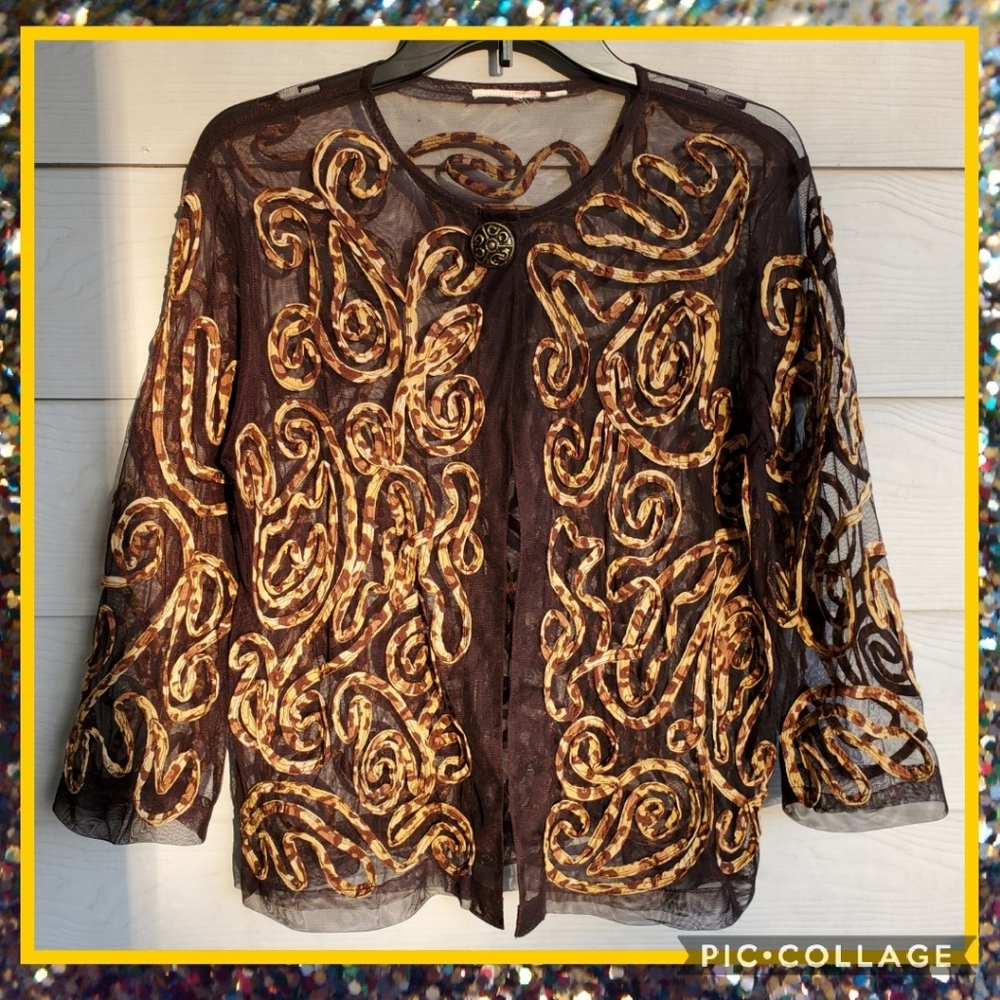 Chico's Brown Sheer Mesh Summer Cardigan w/Sewn-on Animal Print Leopard Swirls - Picture 9 of 16